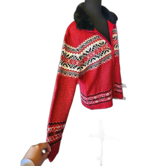 Vintage Carolyn Taylor Red Nordic Zip Up Christmas Sweater Faux Fur Collar Sz L - Picture 3 of 10